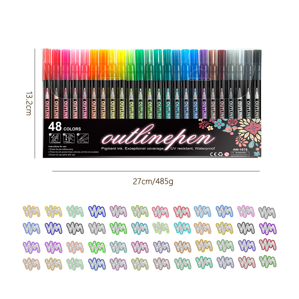 Bolígrafo de contorno de doble línea de estudiantes de Navidad tarjetas de felicitación bolígrafo flash 12 color conjunto de bolígrafo de doble color bolígrafo de color pincel de papel