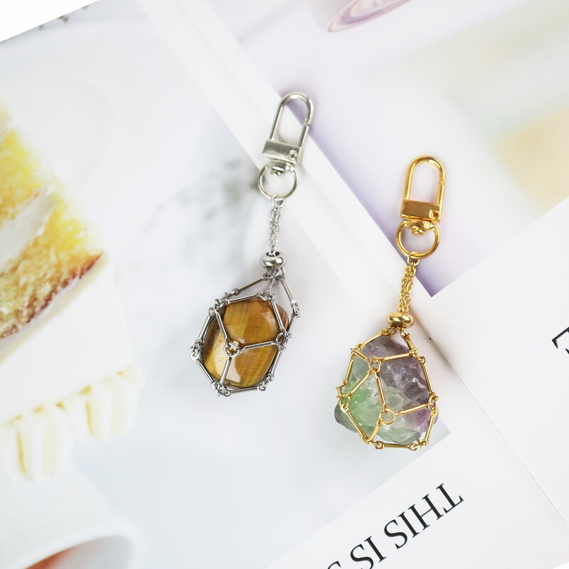 Trendy New Amethyst Pink Crystal Green Aventurine Tiger Stone Mesh Chain Pendant Fashion Crystal Simple Keychain