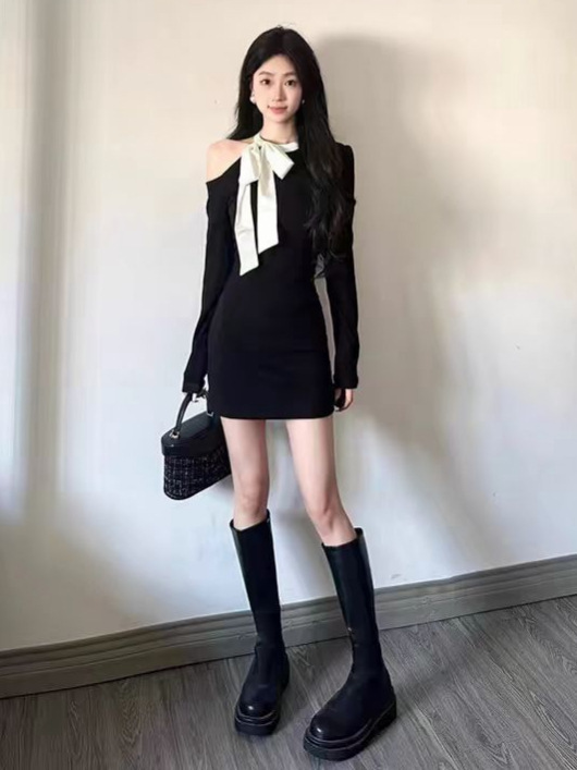 赫本小香风露肩蝴蝶结针织小黑裙子女秋季轻奢高级感晚礼服连衣裙|undefined
