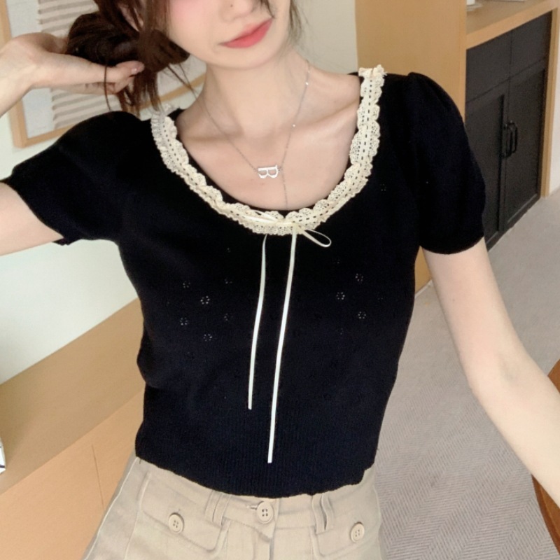 设计感系带蝴蝶结圆领短袖T恤女夏季穿搭设计感镂空短款针织上衣|undefined