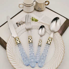 新款法式亚克力手柄刀叉勺茶勺餐具套装 插柄刀叉勺套装304不锈钢