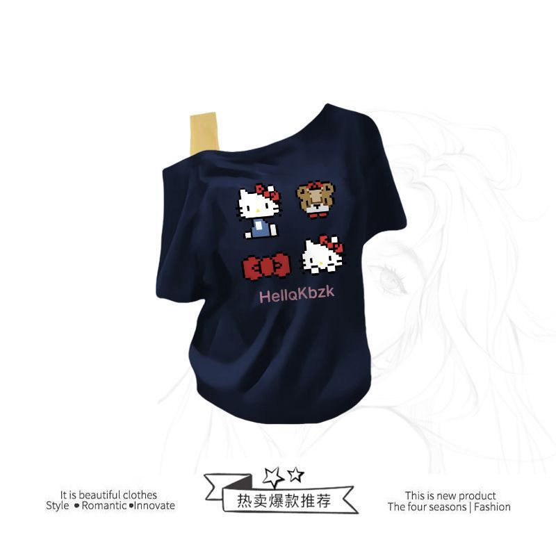 Korean Style High-End Gray Fashion Versatile Cartoon Kt Cat Printed Short-Sleeved T-Shirt for Women Summer Loose Off-Shoulder Short Style