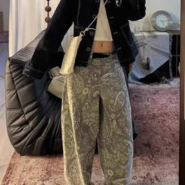 定制牛仔裤美式复古腰果花印花弯刀女秋季宽松显瘦高腰阔腿拖地裤