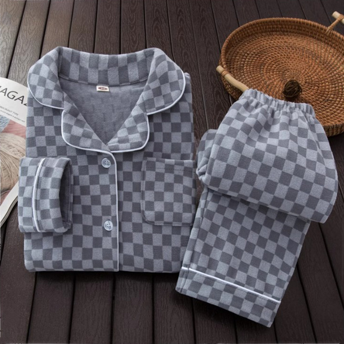 Pijamas de ternilla caliente para niños niñas primavera y otoño invierno set de ropa de casa para niños cuello casual de cuadrícula ropa de casa