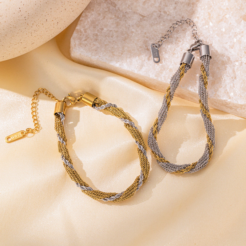 欧美跨境爆款编织双色钛钢手链小众设计饰品情侣款