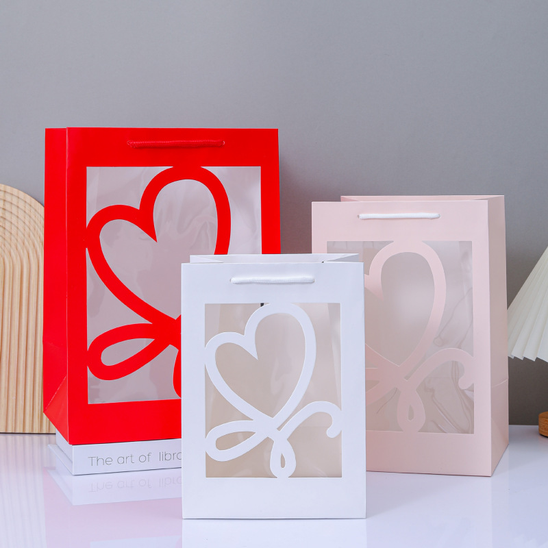 Valentine's Day Window Transparent Gift Bag Window Flowers Doll Souvenir Paper Bag Love Letter Handbag Wholesale