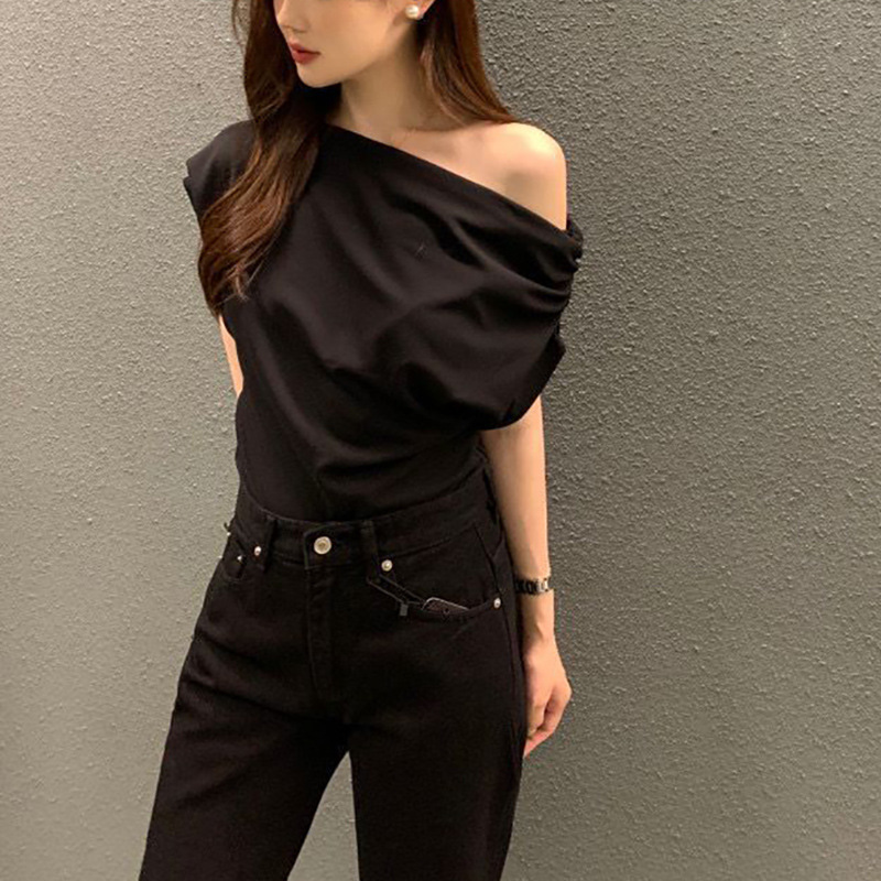 Summer New Niche Irregular Slanted Shoulder Design Loose Solid Color Pullover Short-sleeved T-shirt_ecoleips.com