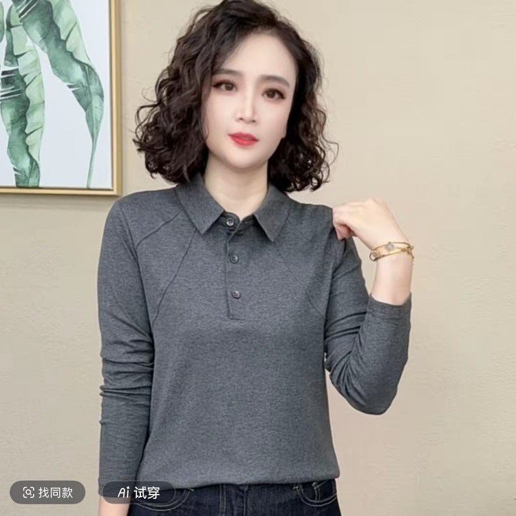 一件代发直播爆款翻领打底衫2025春秋新款显瘦长袖T恤女纯色上衣|undefined