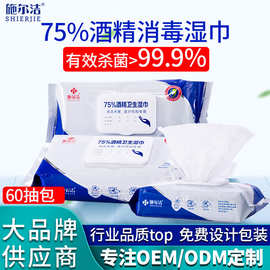 定制免洗75%酒精消毒卫生湿巾 医院酒店家庭60抽一次性酒精湿纸巾