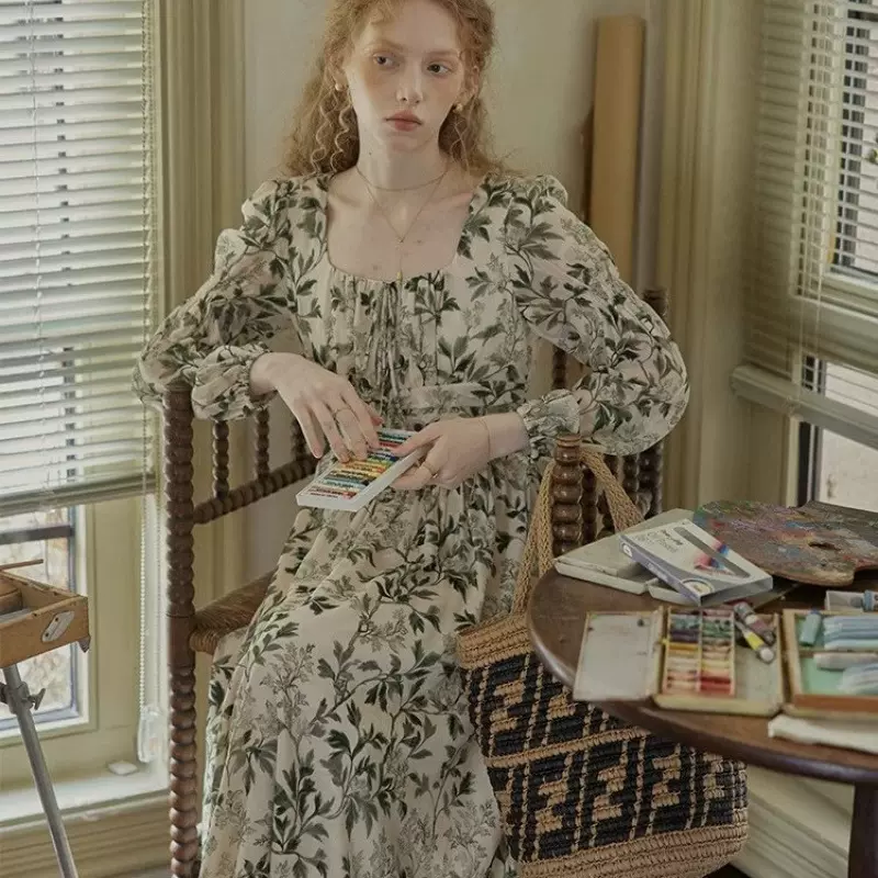 “幻梦花园”灵动手绘古典法式碎花连衣裙女收腰长裙