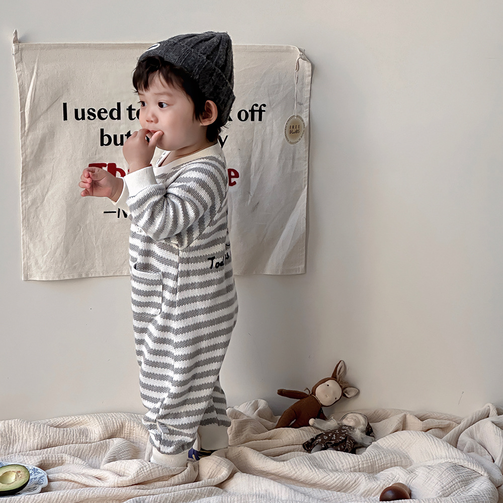 Ropa de bebé, ropa de primavera y otoño, mameluco de manga larga de dibujos animados a rayas, mameluco para bebés, ropa de salida