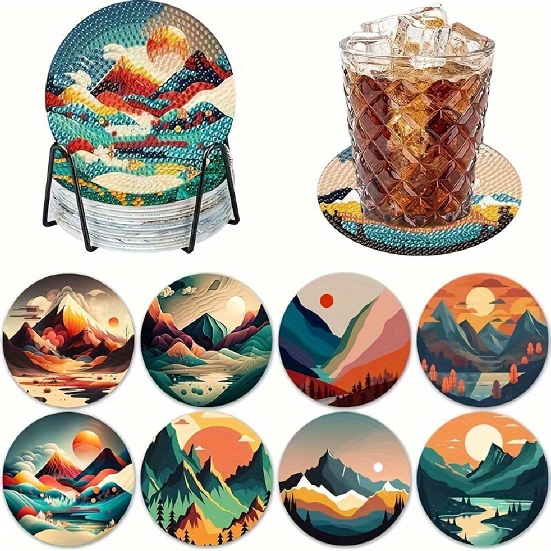Ventas transfronterizas calientes de 8 piezas de conjunto de cojín de taza de arte de diamante, con soporte, pequeño conjunto de pintura de diamante, adecuado para adultos