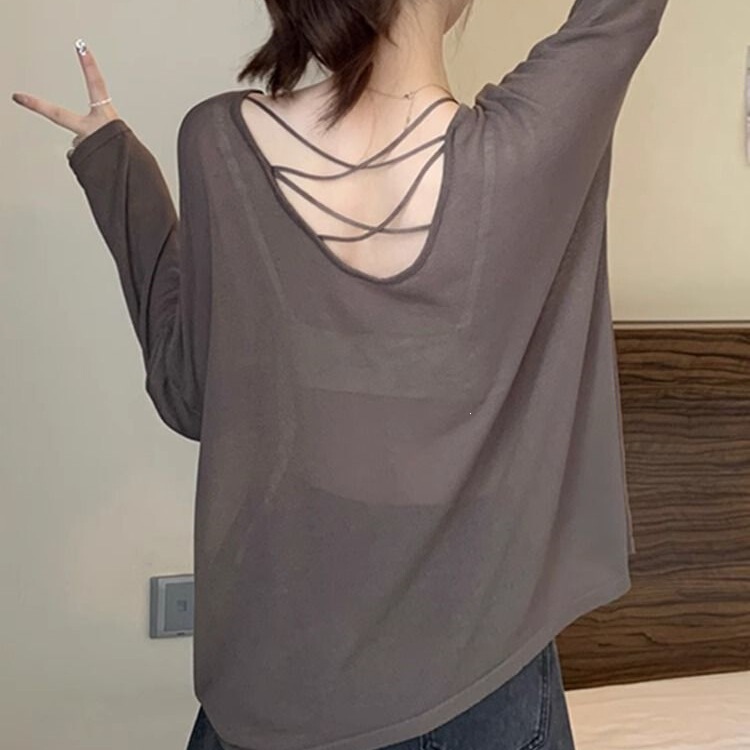 Designed with Hollow-Out Backless Long-Sleeve T-Shirt for Women, Summer Thin Ice Silk Sun Protection Cover-Up, Large Size Loose Outerwear Top, Trendy Designed with Hollow-Out Backless Long-Sleeve T-Shirt for Women, Summer Thin Ice Silk Sun Protection Cover-Up, Large Size Loose Outerwear Top, Trendy