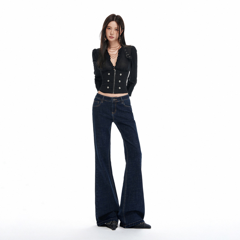 American retro style raw denim mid-low waist slightly stretchy slim-fit flared jeans for women, new for autumn and winter 2026 American retro style raw denim mid-low waist slightly stretchy slim-fit flared jeans for women, new for autumn and winter 2026