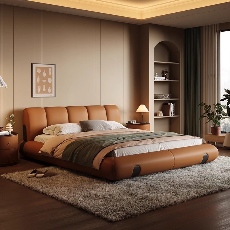 Camas italianas, camas de cuero, almacenamiento de cuero de vaca, camas dobles modernas y simples, camas de envoltura suave, camas de cama principal, camas de matrimonio lujosas