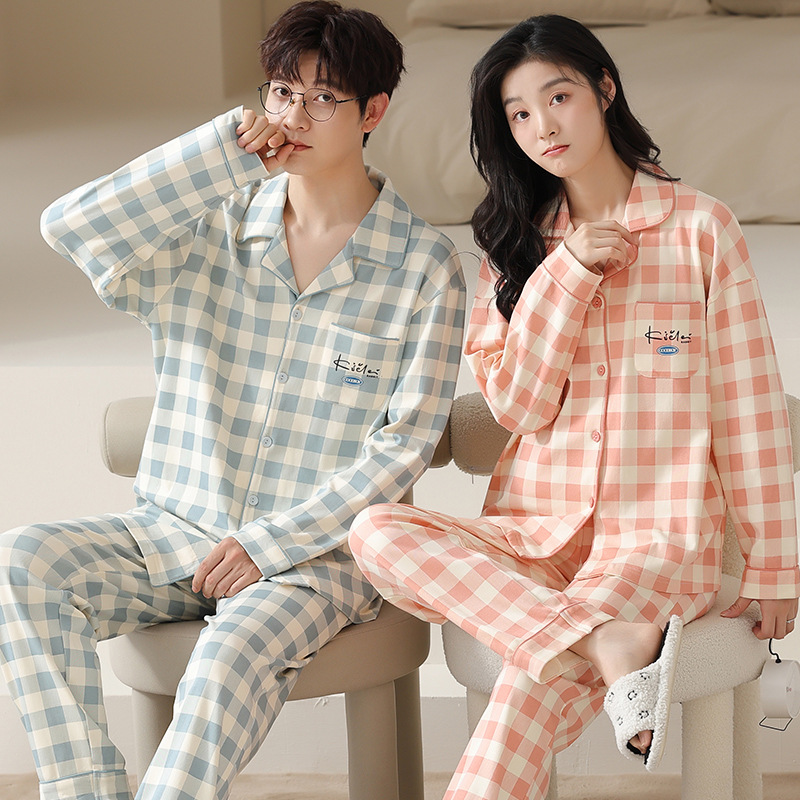 100% algodón primavera pareja pijamas hombres y mujeres Otoño e Invierno nueva chaqueta a cuadros manga larga traje casual desgaste del hogar