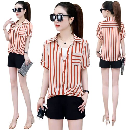 Striped chiffon blouse summer 2024 new fashion western temperament false two-piece top this year's popular age-reducing top trendy