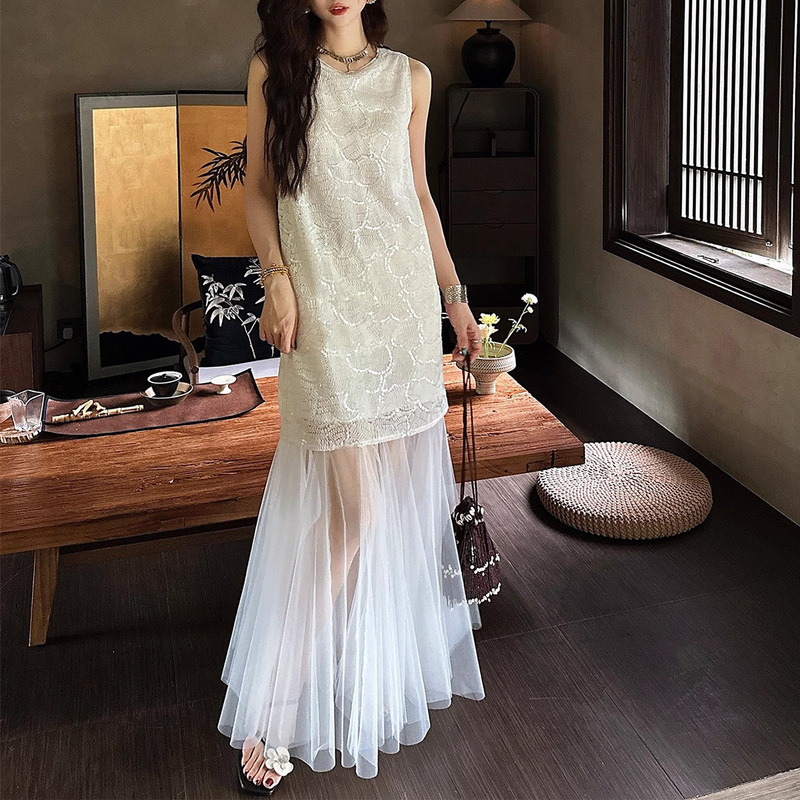 In-Stock Chinese-Style New Embroidery Dress with Gradient Dyeing and Beading, 2025 New Summer Beautiful Long Tulle Dress