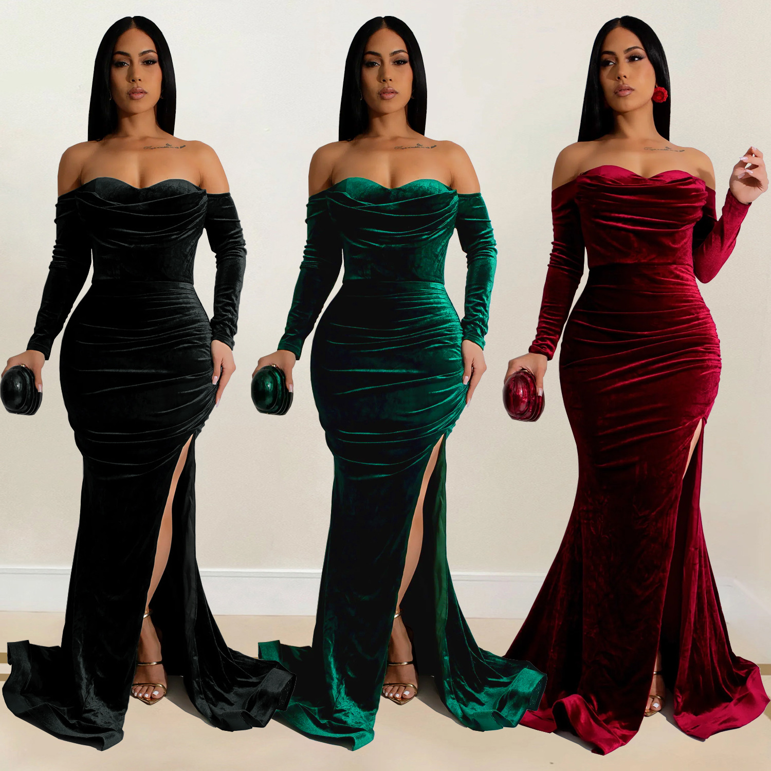 C7157 Cross-border AliExpress Amazon European and American Fashion Women's Solid Color Split Evening Dress Low-cut dress New