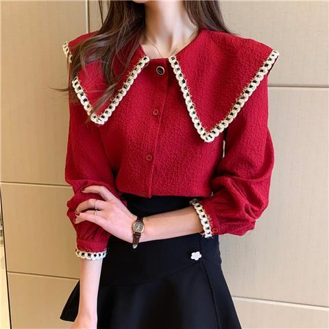 Long-Sleeved Shirt Women's Tops Spring & Fall 2025 New Women's Clothing Small Fragrant Red Shirt Cardigan Doll Collar