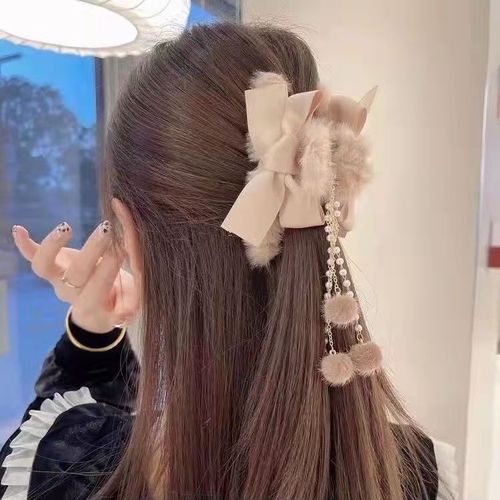 New Autumn/Winter Fringe Pom-Pom Butterfly Bow Hair Clip for Updo Hairstyle, Hairpin Shark Clip Fashion Hair Accessories