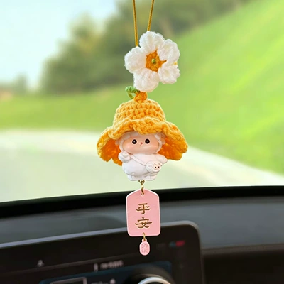 Twelve Zodiac Car Hanging Ornaments, Sürətlər qutusu və əl tormozu başlıqları - white-flower-yellow-hat-mini-sheep-pink-peace-fortune-and-blessing-car-hanging