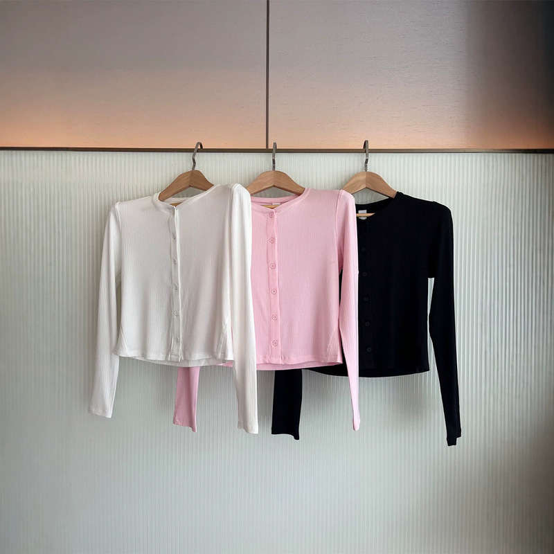 Hold Tight Yoga Sports Casual Fine Ribbed Slim-Fit Long-Sleeve T-Shirt with Buttons Henley Cardigan