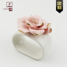 厂家制创意家居手工粘花花朵造型陶瓷餐巾环陶瓷粘花工艺品摆件