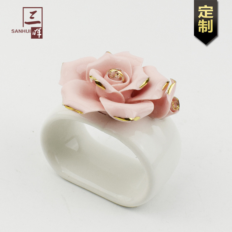 厂家制创意家居手工粘花花朵造型陶瓷餐巾环陶瓷粘花工艺品摆件