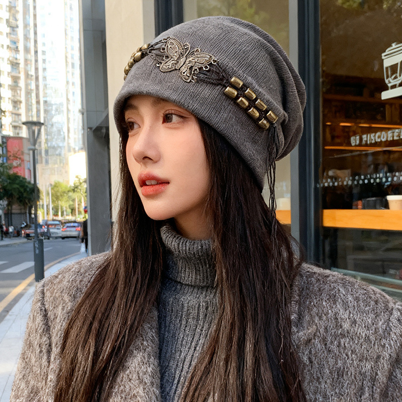 秋冬新款扎染流苏帽子女复古包头冷帽大头围显脸小网红蝴蝶堆堆帽|undefined