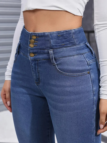 Women's Fleece Lined Elastic Tight Fit Blue Washed Denim Jeans with Multiple Buttons and Slim Fit