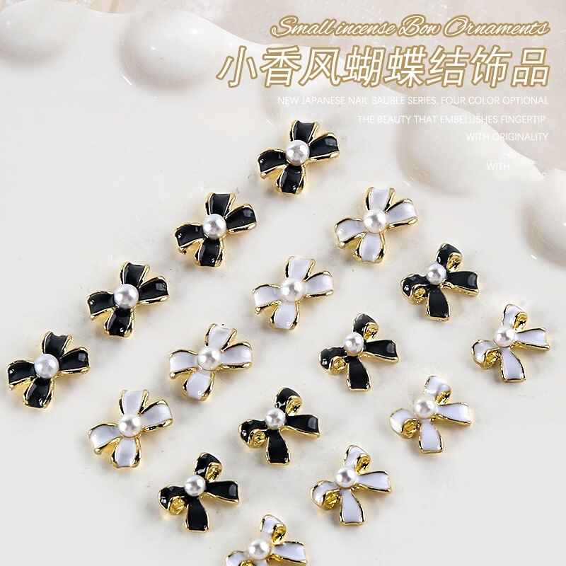 Net red small fragrant style nail bow alloy jewelry pearl black and white simple French nail accessories wholesale Net red small fragrant style nail bow alloy jewelry pearl black and white simple French nail accessories wholesale