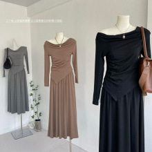 秋冬荡领一字肩长袖恤不规则上衣垂感半身裙女时尚设计感两件套