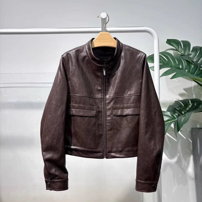 Mm Mai Mai 26 Spring Style Retro Motorcycle Style Stand-Up Collar Short Leather Jacket Women's Zipper Jacket 5H2210671