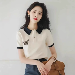 白色蝴蝶polo领针织衫短袖T恤女2026新款夏季小众不撞款独特绝美