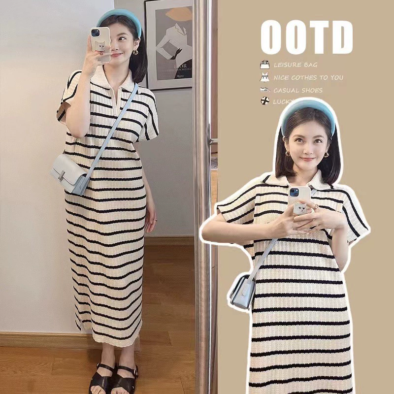 Knitted fashionable postpartum dress for pregnant for breastfeeding, 2023, polo collar, french style