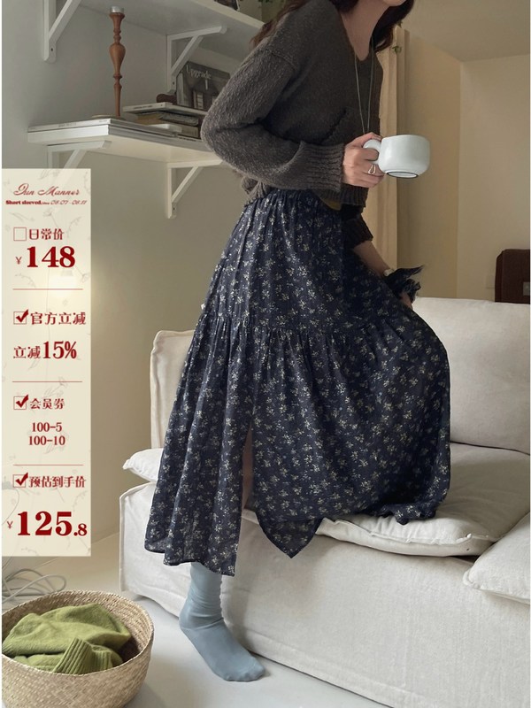 JMWOMEN复古碎花压褶高腰半身裙女2025秋季宽松开衩设计a字长裙子|undefined
