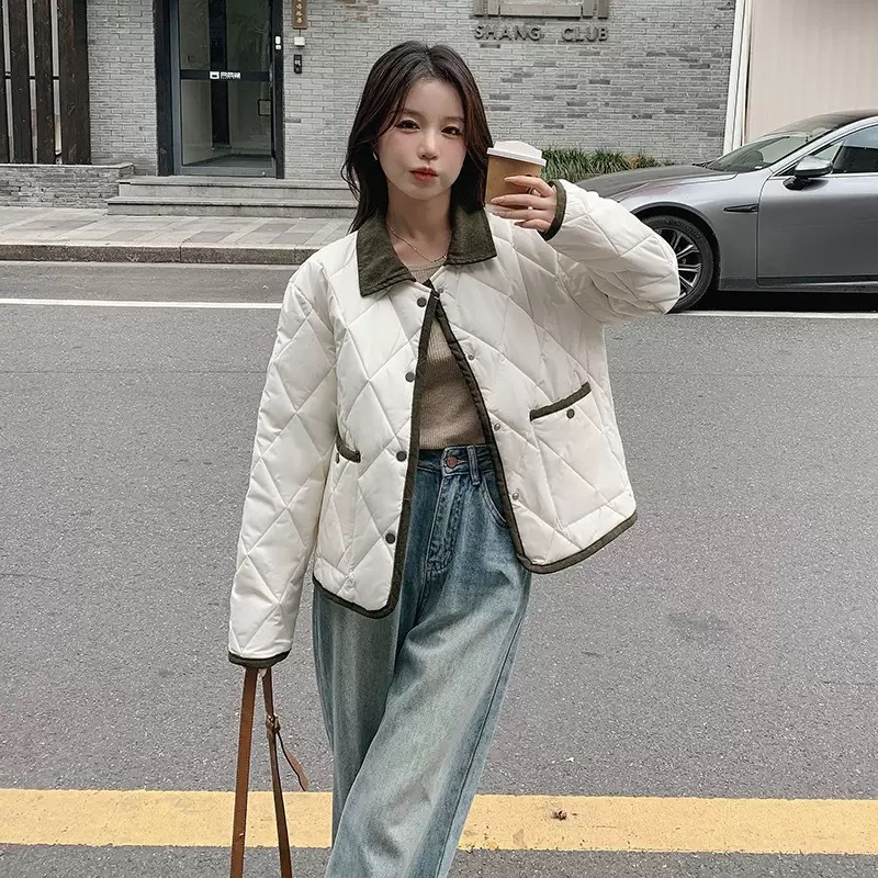 韩版撞色翻领菱格棉衣棉服女秋冬2026新款小个子百搭短款夹棉外套
