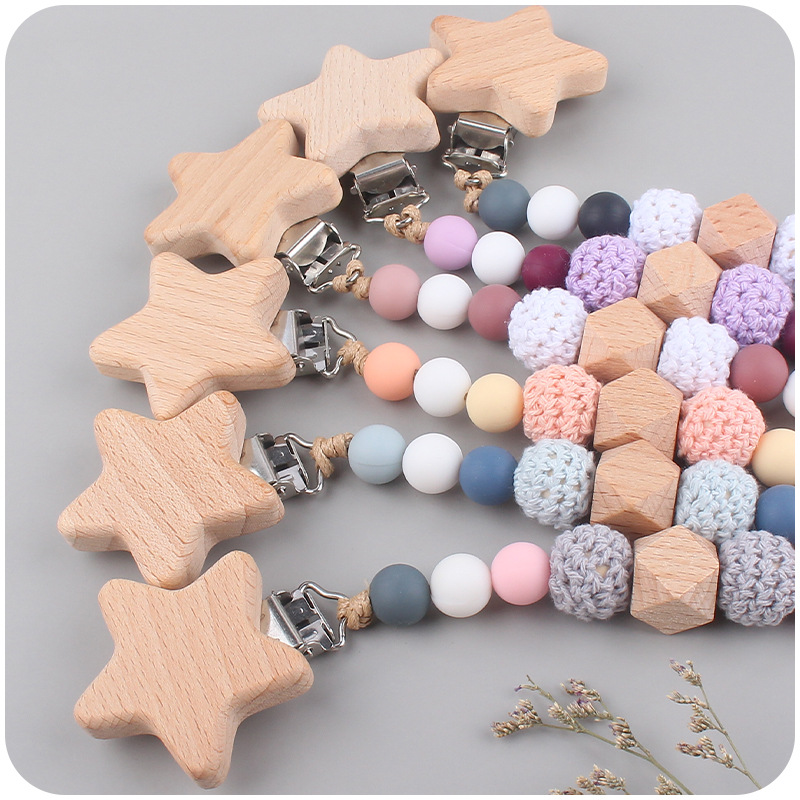 Nuevo bebé suministros estrella haya chupete clip bebé creativo madera octogonal mordedura silicona molar anti-gota cadena