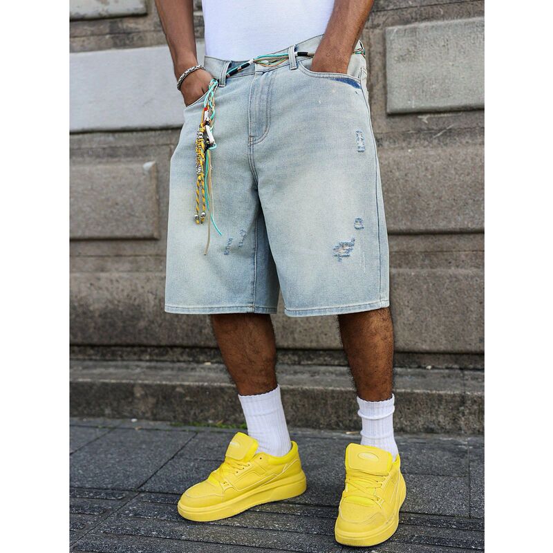 American retro street style ripped denim shorts for men, new summer loose wide-leg casual cropped pants