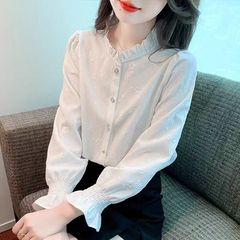 立领刺绣木耳边长袖雪纺衬衫女2025春秋新款宽松百搭衬衣气质上衣
