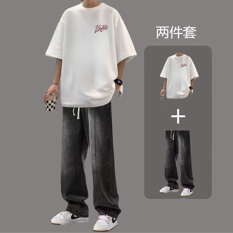 Summer Hong Kong Style Outfit: Short-Sleeved Men's Straight Loose Denim Pants, Trendy Brand Set with Stylish Half-Sleeve Suit Summer Hong Kong Style Outfit: Short-Sleeved Men's Straight Loose Denim Pants, Trendy Brand Set with Stylish Half-Sleeve Suit