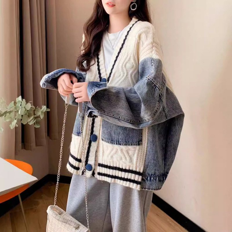秋冬季新款时尚牛仔拼接针织开衫欧货休闲慵懒风宽松毛衣女装外套|undefined