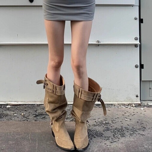 In-Stock Cowhide Version with Zipper, Pointed Toe, High-Heeled Slouch Boots, Retro Western Cowboy Boots, Chunky Heel, Long Boots for Women In-Stock Cowhide Version with Zipper, Pointed Toe, High-Heeled Slouch Boots, Retro Western Cowboy Boots, Chunky Heel, Long Boots for Women