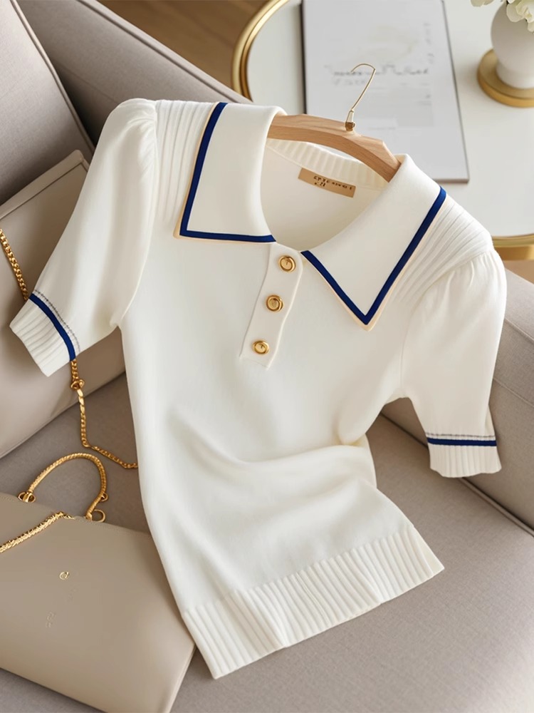 Áo thun nữ cổ polo tay lỡ phối màu chất liệu cotton lạnh — trắng