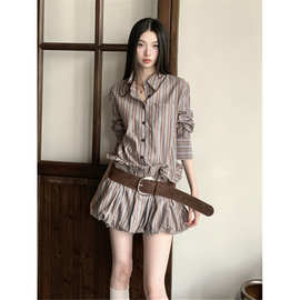 秋季新款衬衫裙麻感混色条纹花苞气球连衣裙