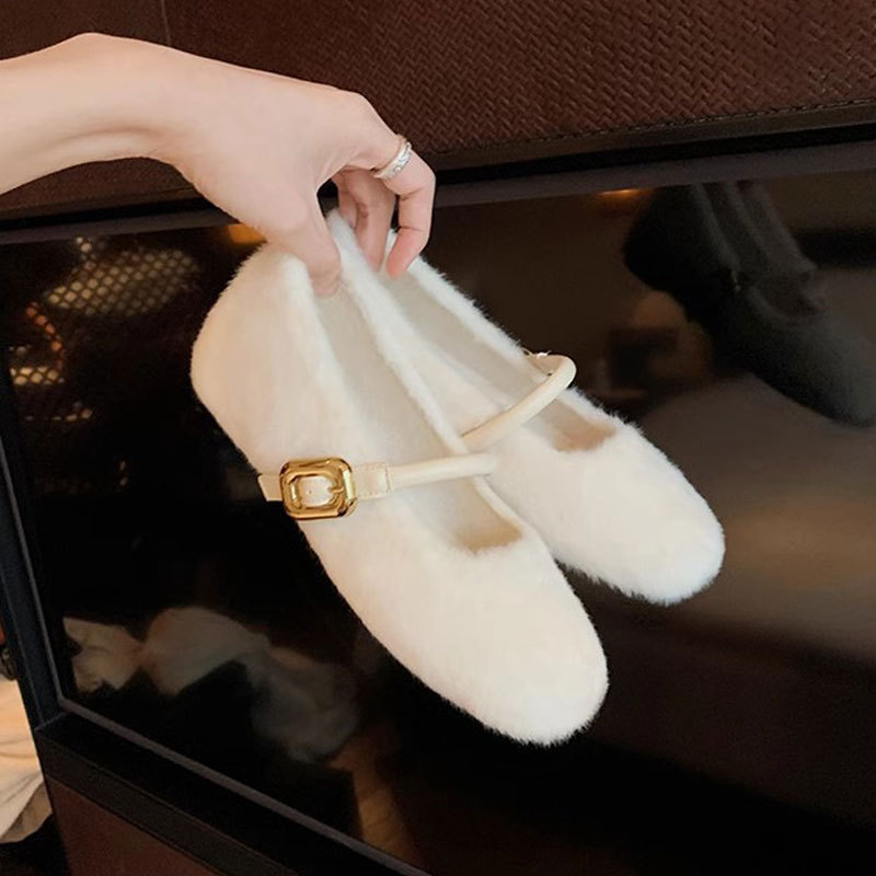 Grape Mom El mismo estilo de ballet con un cinturón para aumentar los zapatos peludos Mary Jane zapatos individuales mujer otoño e invierno nuevo estilo