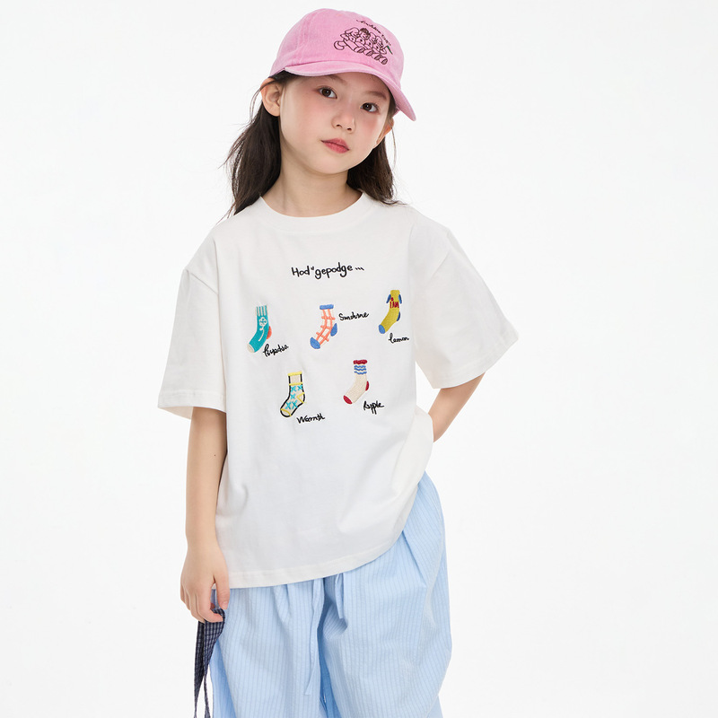 Girls Small Socks Embroidered T-shirt 2025 Summer New Children's Design Sense Western Style Short Sleeve All-match Loose Top