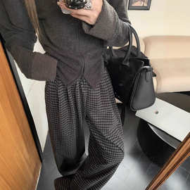 复古宽松格子休闲裤慵懒风阔腿裤女冬季高腰毛呢直筒裤拖地裤长裤
