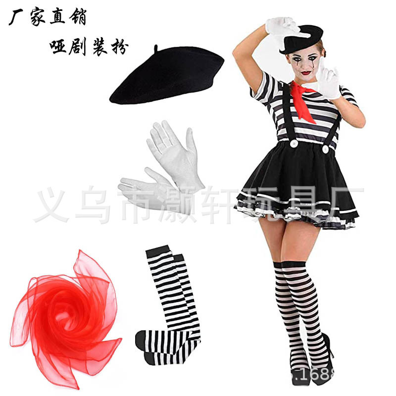Halloween carnival party pantomime performance clown performance hat gloves stockings strap silk scarf dress-up clothing suit
